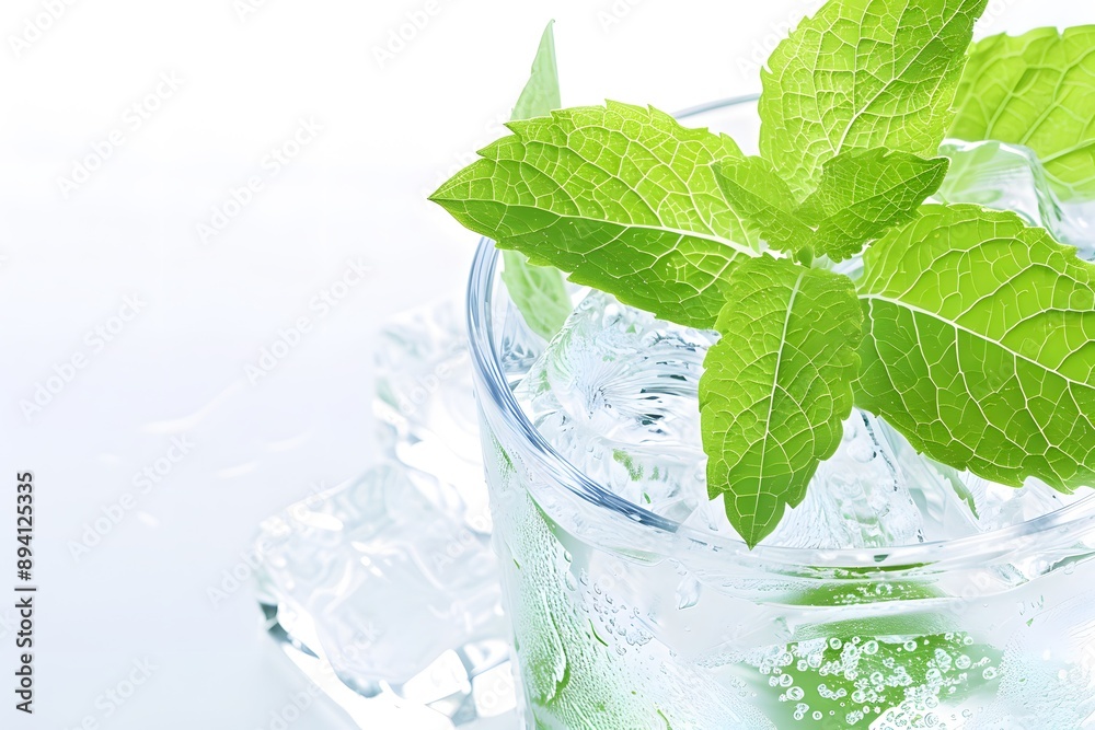 A glass of water with a green leaf on top A glass of water with a green leaf on top