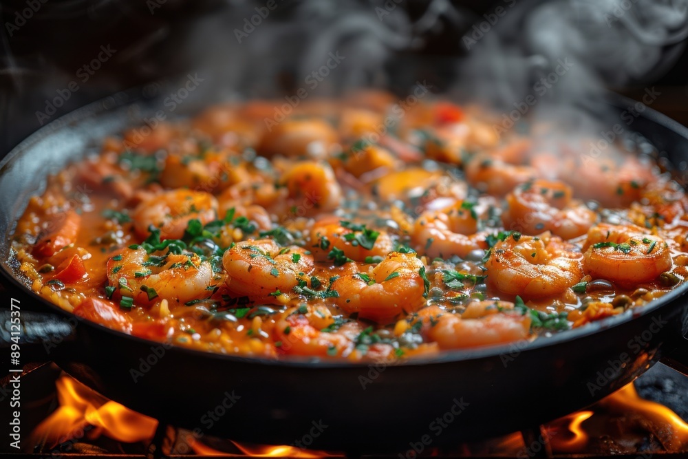 A close-up view of a sizzling shrimp dish in a pan, capturing the steam rising from the hot, flavorful meal. A close-up view of a sizzling shrimp dish in a pan, capturing the steam rising from the hot, flavorful meal.