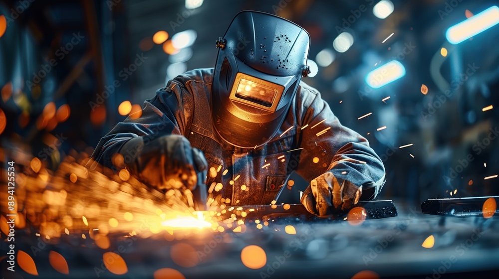 Industrial Welding Process in Action. Industrial welding process in action, with a welder working on metal, creating bright sparks in a factory setting. Industrial Welding Process in Action. Industrial welding process in action, with a welder working on metal, creating bright sparks in a factory setting.