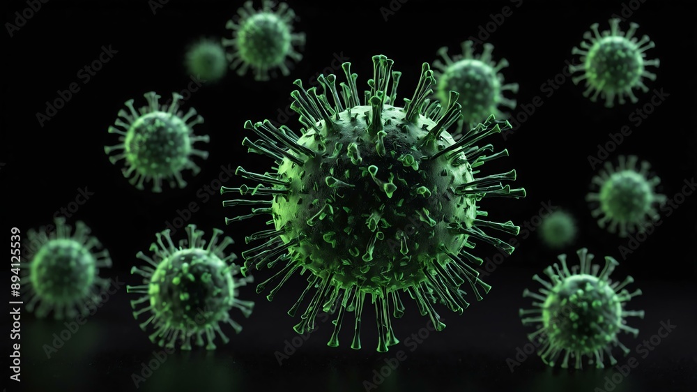 Fototapeta premium small single green virus concept image in black backgr background