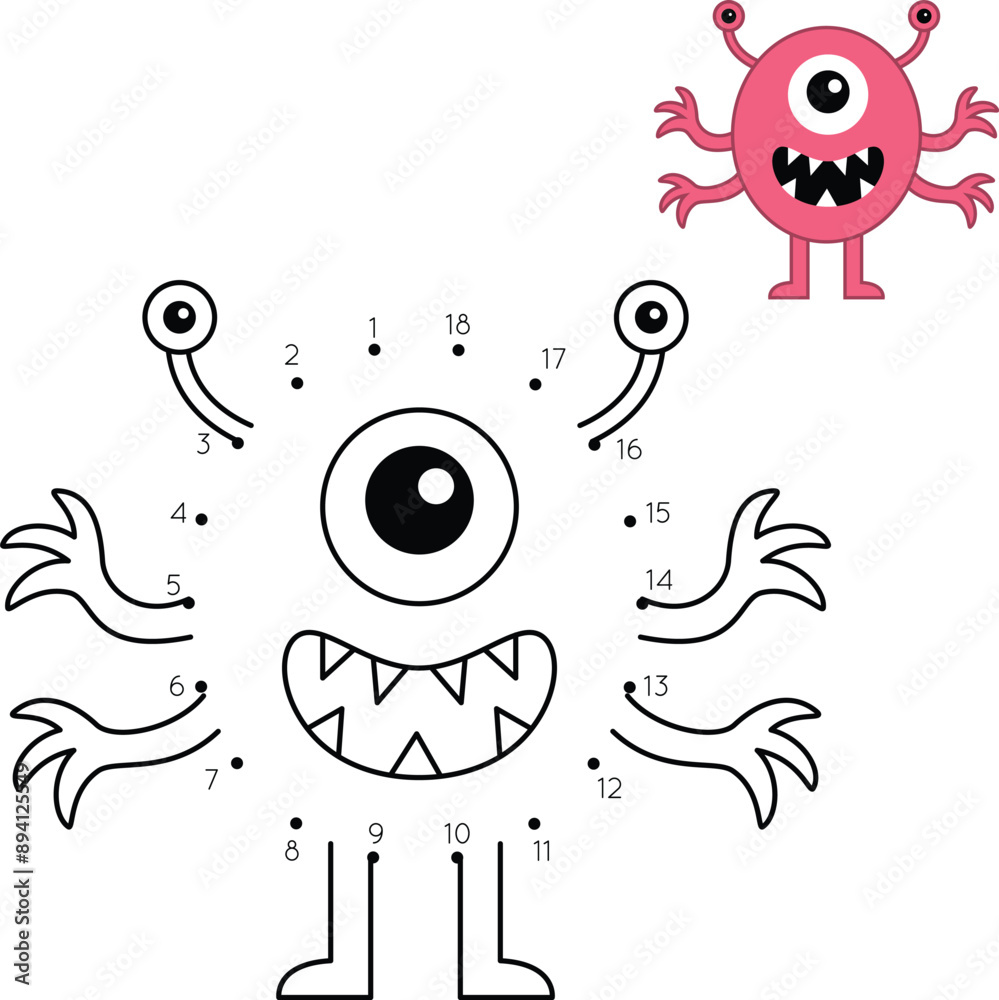 Dot to Dot Cute Monster Coloring Page. Halloween Worksheet for Kids