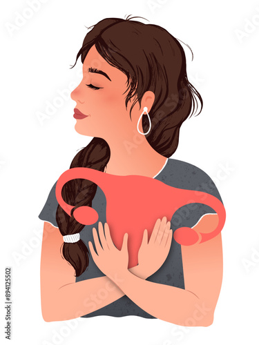 Woman holds a reproductive system in her hands. Awareness for cervical cancer, Ovarian Cancer, and Polycystic Ovary Syndrome (PCOS). Hand-drawn vector colorful illustration.