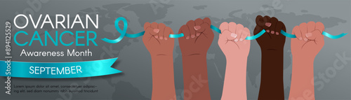 Long horizontal Banner for Ovarian Cancer Awareness Month in September. Diverse hands hold a teal ribbon. Modern flat illustration
