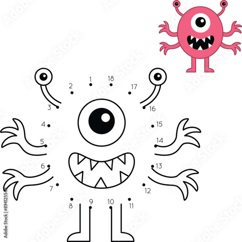 Obraz na płótnie Dot to Dot Cute Monster Coloring Page. Halloween Worksheet for Kids w salonie