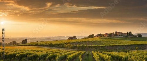 Panoramic view of vineyard in golden sunset light with distant farmhouse nestled within rolling hills