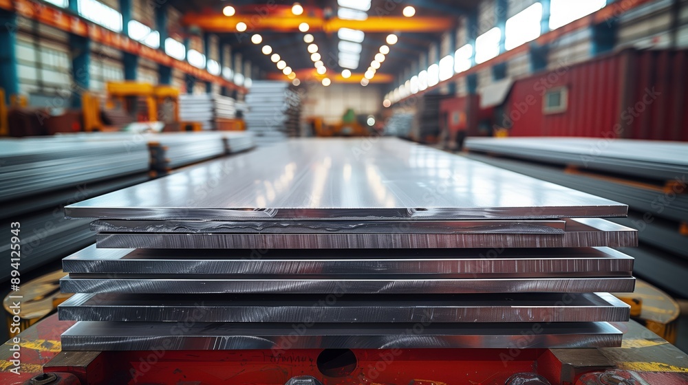 Stacked Steel Sheets in Warehouse. Stack of polished steel sheets in a warehouse, reflecting the organized storage and preparation for industrial use. Stacked Steel Sheets in Warehouse. Stack of polished steel sheets in a warehouse, reflecting the organized storage and preparation for industrial use.