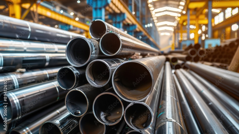 Industrial Storage of Steel Pipes. Detailed view of industrial storage of steel pipes in a warehouse, emphasizing the organized arrangement.