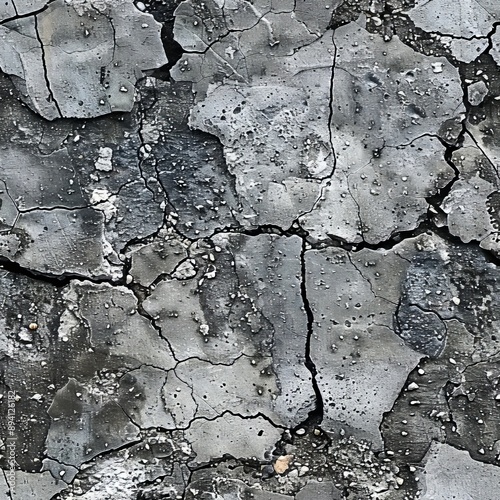 A closeup of a cracked and weathered concrete surface revealing a textured and distressed backdrop photo