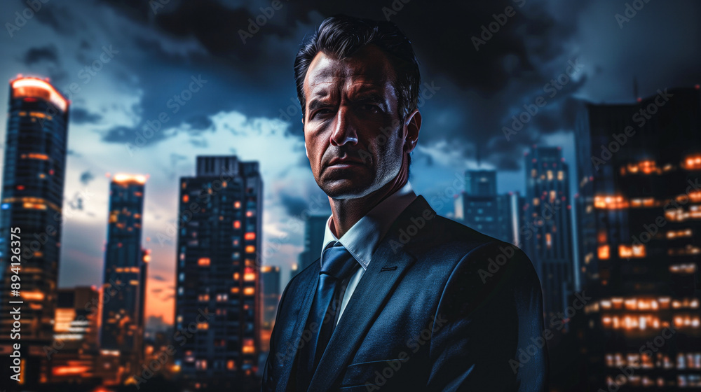 A strong corporate leader with a city skyline in the background A strong corporate leader with a city skyline in the background