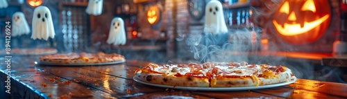 Ghostly Pizza Bites in a Spooky Haunted Pizzeria with Floating Spirit Servers and Jack o  Lanterns