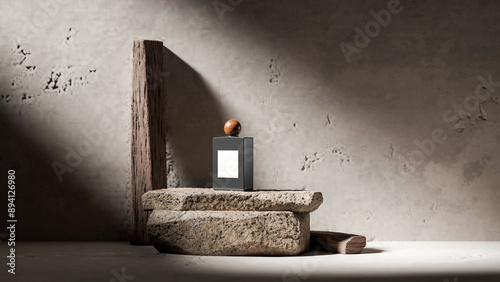 Bottle perfume on the rock podium with piece of wood and plaster background scene mockup premium photo 3d render
