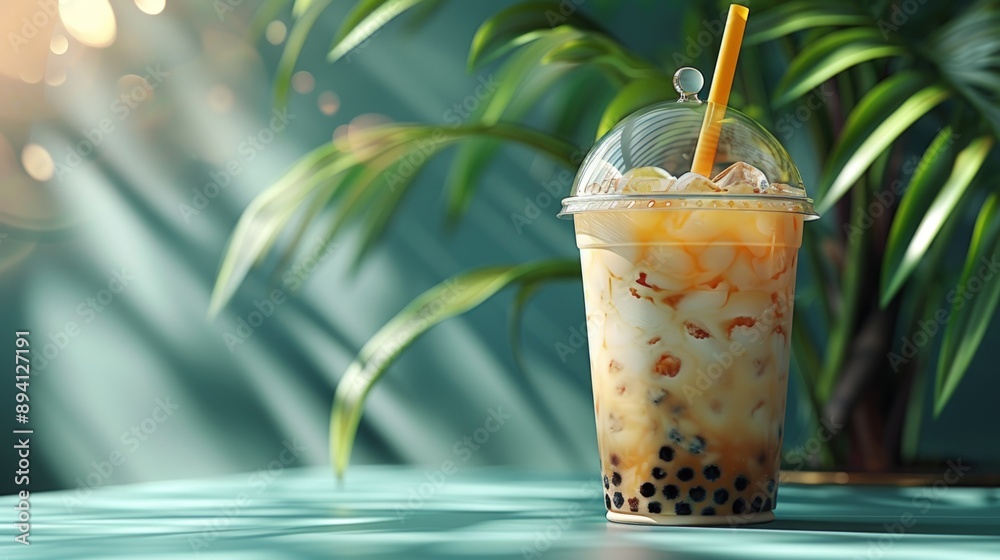 Photo of a clear plastic cup with boba tea and a yellow straw. Photo of a clear plastic cup with boba tea and a yellow straw.
