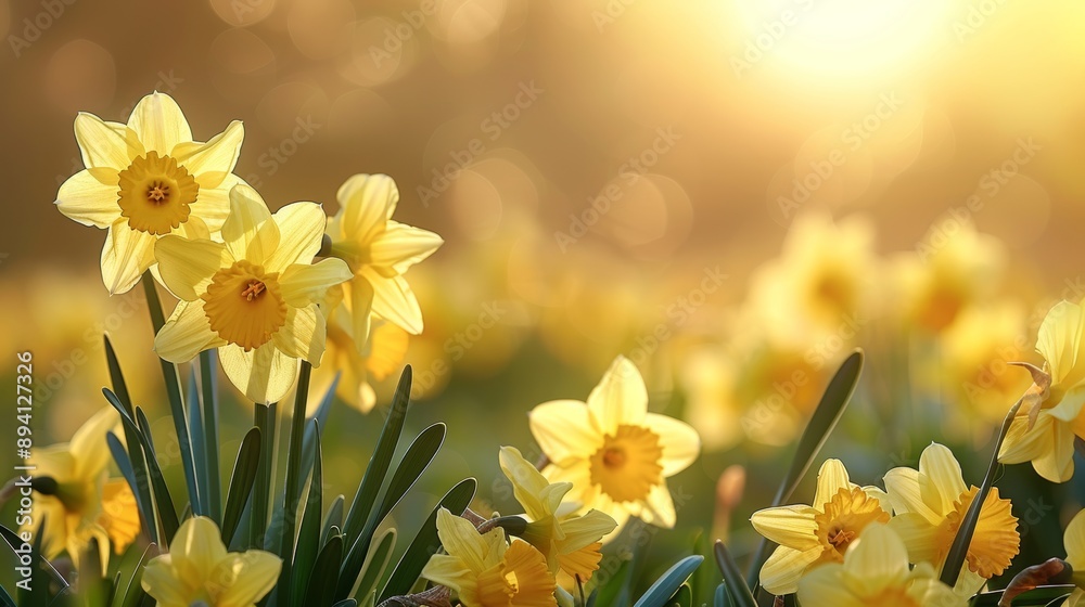Fototapeta premium A field of vibrant yellow daffodils in full bloom, with a soft sunlight glow in the background