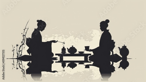 Artistic silhouette of a Japanese tea ceremony with a minimalistic approach, featuring clean lines and simple elements, emphasizing the art of teamaking in a modern style