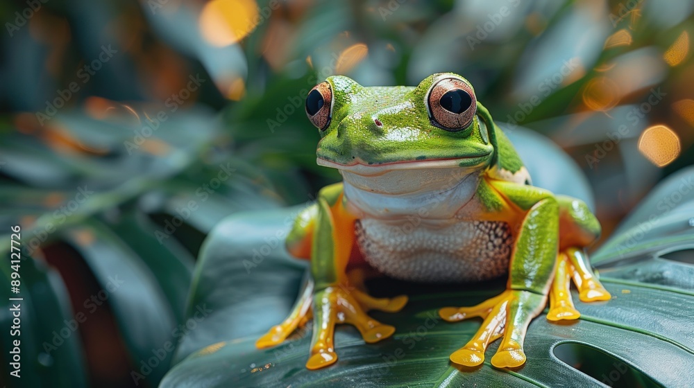 Fototapeta premium Photo of A green tree frog sitting on top of large leaf.