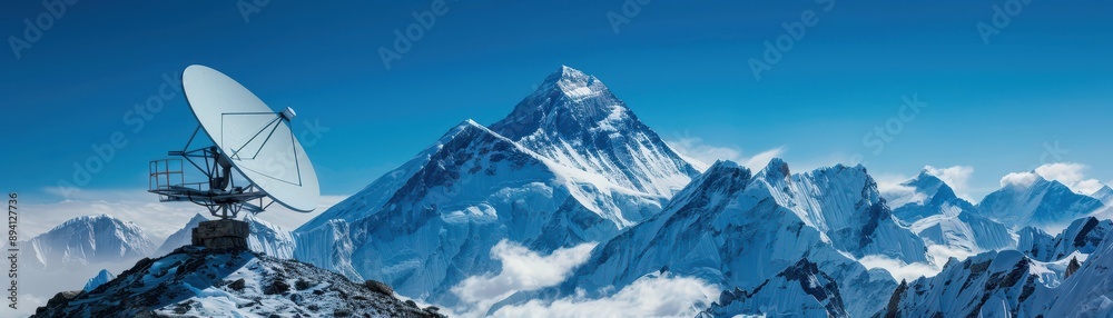 Obraz premium Satellite dish on Mount Everest, sleek and modern design Snowy peak, clear blue sky Blending hightech communication with the worlds highest summit