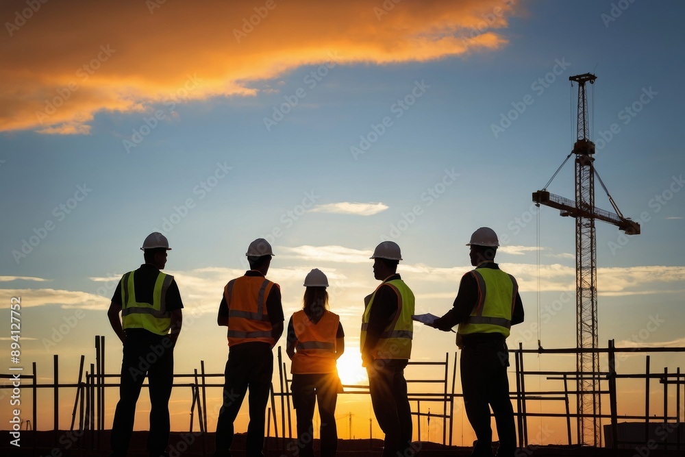 Fototapeta premium Five construction workers silhouetted against vibrant sunset
