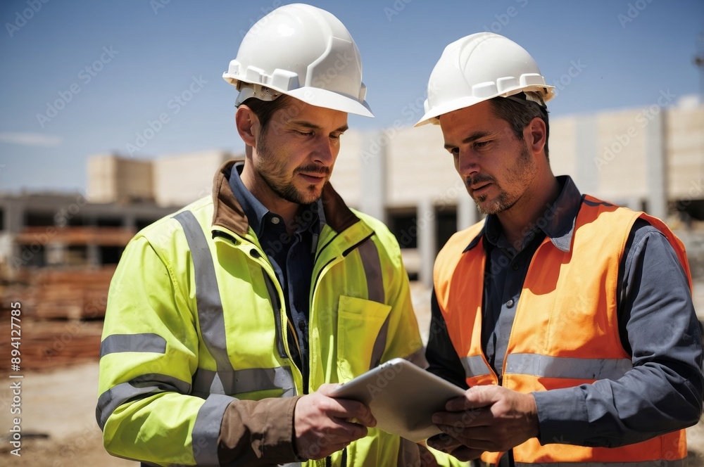 Two construction workers wearing hard hats and safety vests review plans on tablet outdoors Two construction workers wearing hard hats and safety vests review plans on tablet outdoors