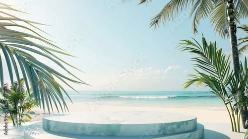 Beach podium summer background sand product 3D sea display platform. 