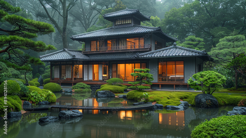 Fototapeta premium Photos of Traditional Chinese-Style House in Green Forest with Tiled Roofs, Gray Walls, Lush Greenery, Ponds, Wooden Bridges, and Stone Paths, High-Definition Wide-Angle Lens Captures Tranquility and