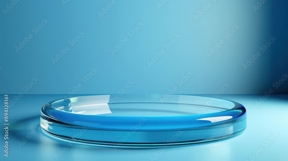 Transparent Glass Plate on Blue Background with Soft Shadows and Reflections Transparent Glass Plate on Blue Background with Soft Shadows and Reflections
