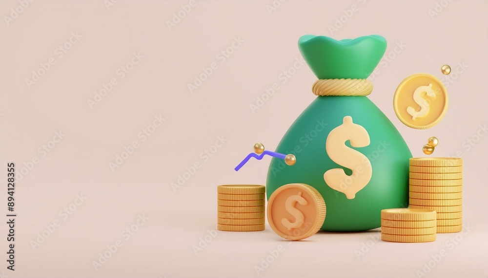 Banner design of green dollar money bag with increasing golden coin stacking for financial saving, dividend and deposit concept by 3d render illustration Banner design of green dollar money bag with increasing golden coin stacking for financial saving, dividend and deposit concept by 3d render illustration
