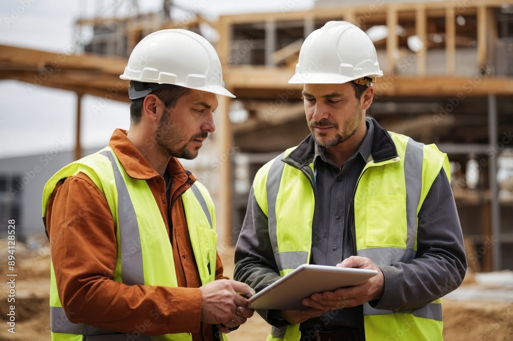 Two construction workers wearing hard hats and vests examine blueprints on tablet Two construction workers wearing hard hats and vests examine blueprints on tablet