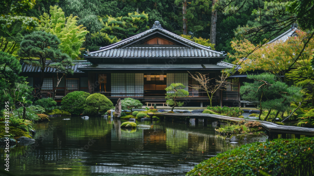 Photos of Traditional Chinese-Style House in Green Forest with Tiled Roofs, Gray Walls, Lush Greenery, Ponds, Wooden Bridges, and Stone Paths, High-Definition Wide-Angle Lens Captures Tranquility and Photos of Traditional Chinese-Style House in Green Forest with Tiled Roofs, Gray Walls, Lush Greenery, Ponds, Wooden Bridges, and Stone Paths, High-Definition Wide-Angle Lens Captures Tranquility and