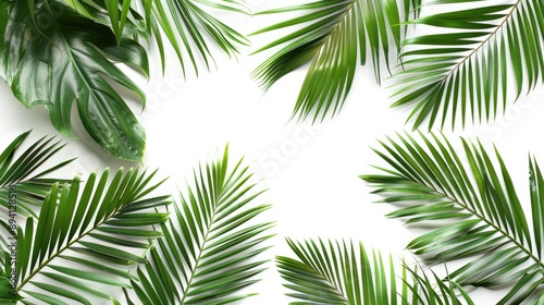 Tropical palm tree leaves on white background top view