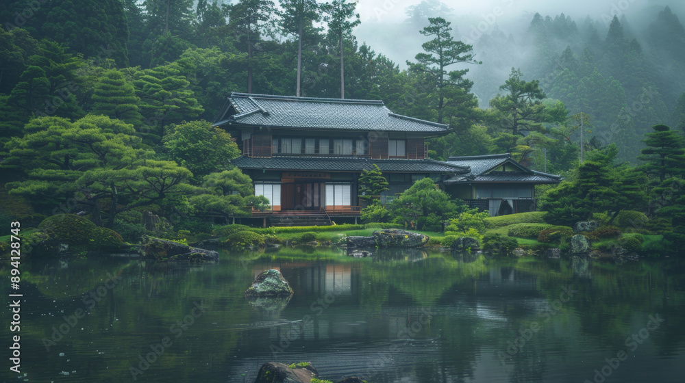 Photos of Traditional Chinese-Style House in Green Forest with Tiled Roofs, Gray Walls, Lush Greenery, Ponds, Wooden Bridges, and Stone Paths, High-Definition Wide-Angle Lens Captures Tranquility and Photos of Traditional Chinese-Style House in Green Forest with Tiled Roofs, Gray Walls, Lush Greenery, Ponds, Wooden Bridges, and Stone Paths, High-Definition Wide-Angle Lens Captures Tranquility and