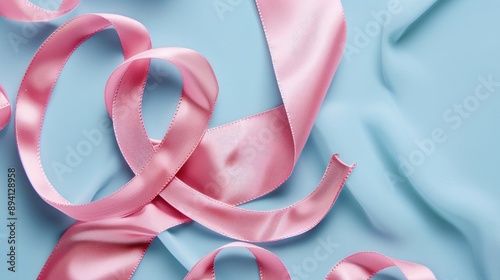 Rose pink satin ribbon ampersand symbol on serenity blue background Stylish and inspiring