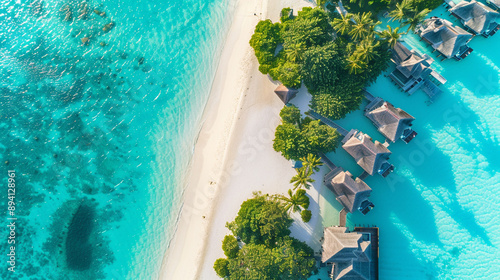 aerial view of a luxurious hotel surrounded by the turquoise waters of the Maldives. This serene vacation paradise showcases pristine beaches, vibrant coral reefs, and tranquil ocean beauty