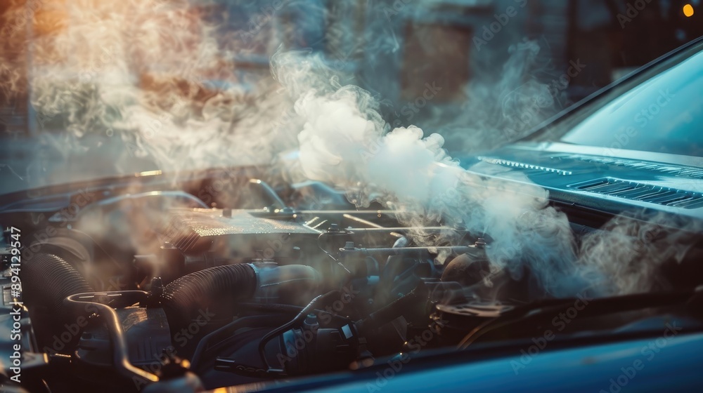 Smoke comes out of the hood of the car because the car engine is overheating. Smoke comes out of the hood of the car because the car engine is overheating.