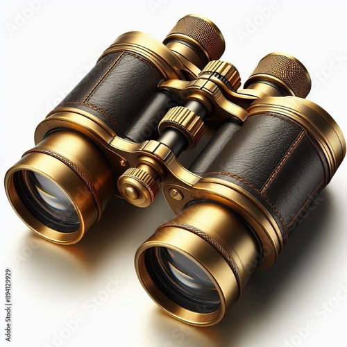 A pair of brass binoculars with black leather casing, close up, photo