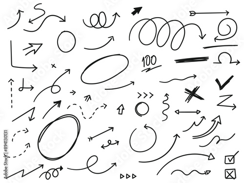 Hand drawn brush stoke, arrow, check, line vector