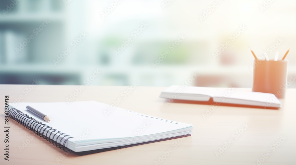 A spiral notebook, a pencil, and a closed book lie on a wooden desk, illuminated by a bright, warm light from the window. The background is blurred, creating a sense of calm and focus A spiral notebook, a pencil, and a closed book lie on a wooden desk, illuminated by a bright, warm light from the window. The background is blurred, creating a sense of calm and focus