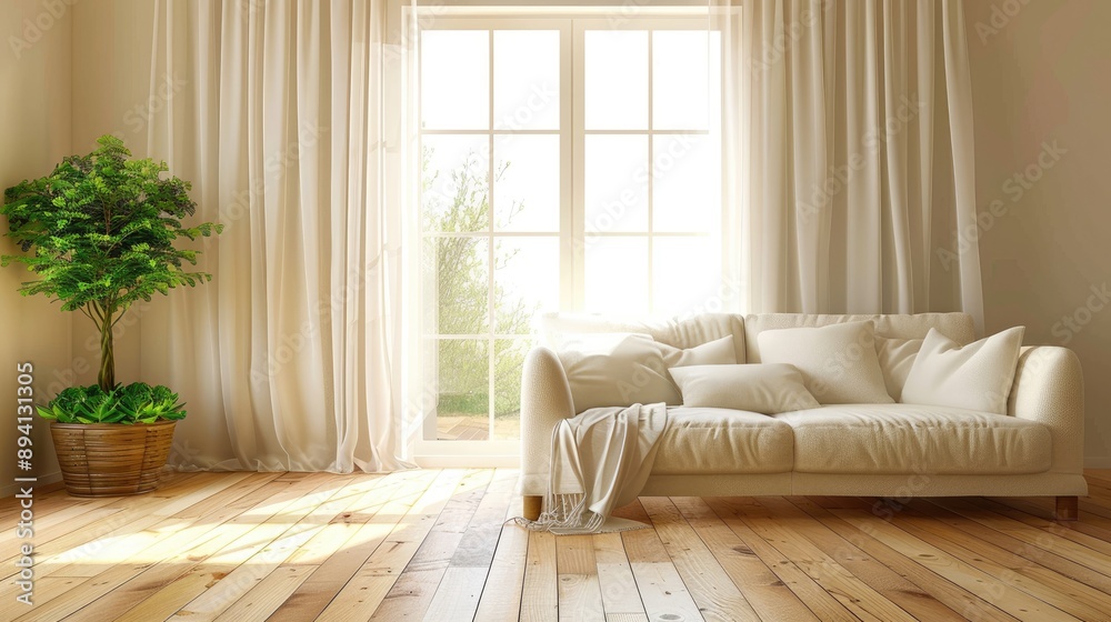 Fototapeta premium Living room with wooden floor, comfy sofa by bright curtained window, green plant; home interior.