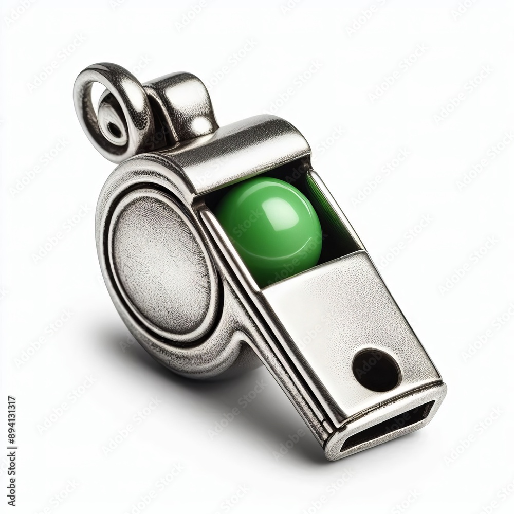 A small silver whistle with a pea inside, isolated on white back A small silver whistle with a pea inside, isolated on white back