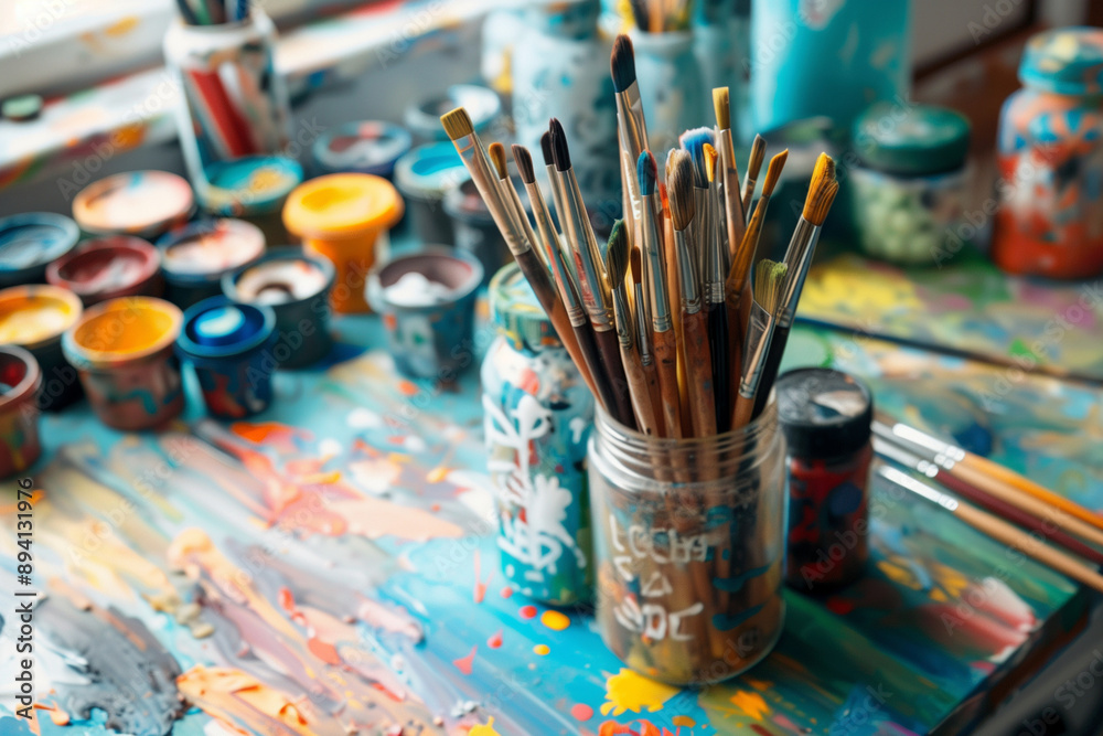 painting supplies table with a variety of paint colors and brushes. The table is covered in paint and has a messy appearance. Scene is chaotic and creative painting supplies table with a variety of paint colors and brushes. The table is covered in paint and has a messy appearance. Scene is chaotic and creative