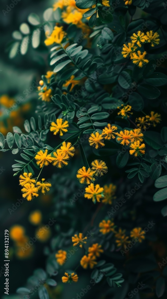Obraz premium Yellow Mimosa with Lush Green Leaves