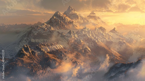 Fototapeta Naklejka Na Ścianę i Meble -  Sunrise and sunset over snowy mountain peaks with a panoramic winter landscape