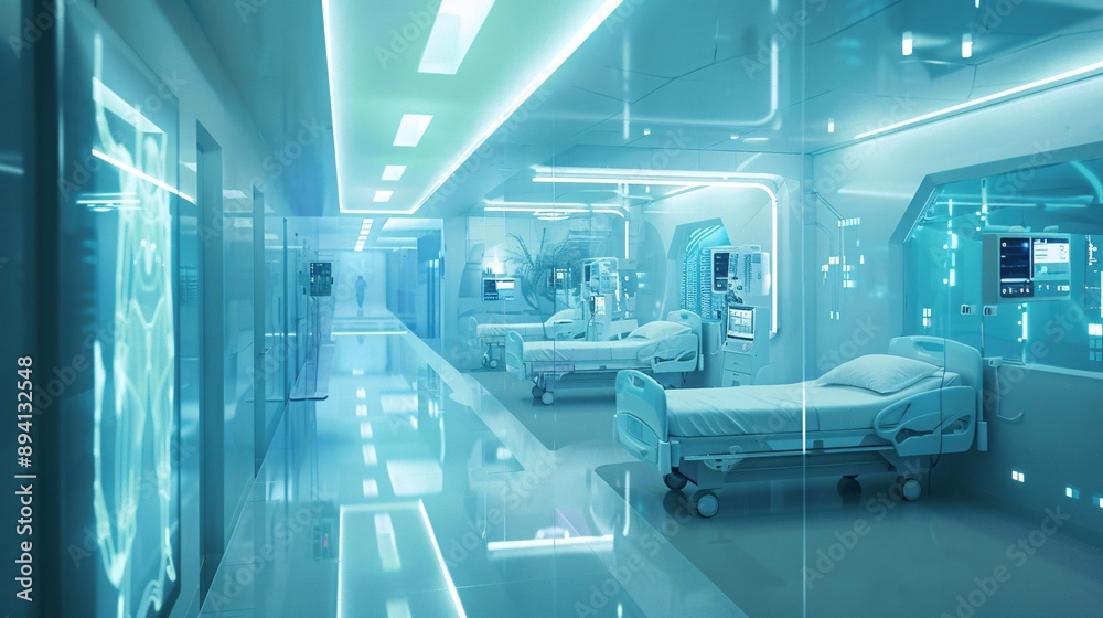 Obraz premium A modern hospital interior with sleek architecture, large glass windows, and clean lines