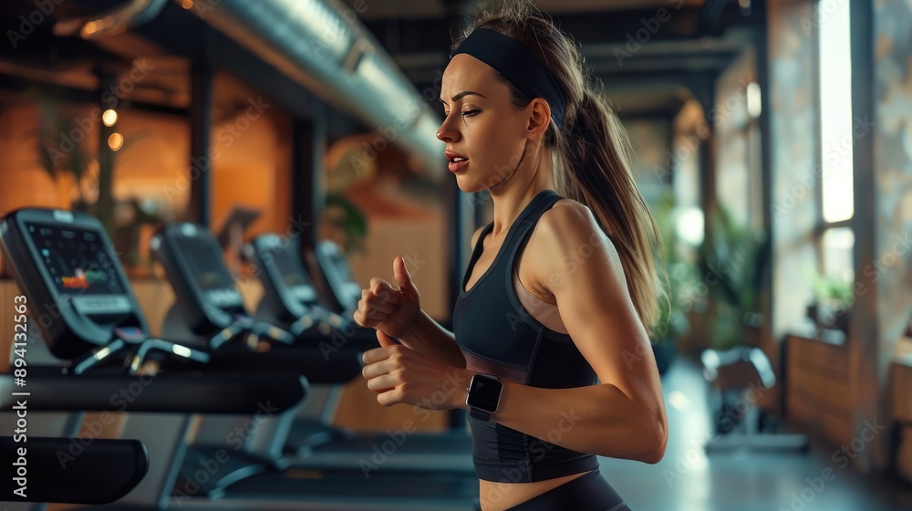 A Woman Running on a Treadmill in a Fitness Center A Woman Running on a Treadmill in a Fitness Center