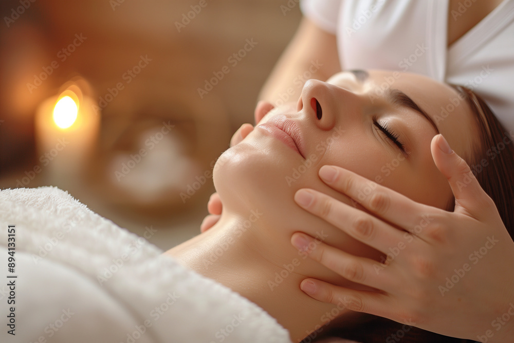 Naklejka premium Woman is getting a facial treatment with candles in the background. The candles are lit and create a relaxing atmosphere