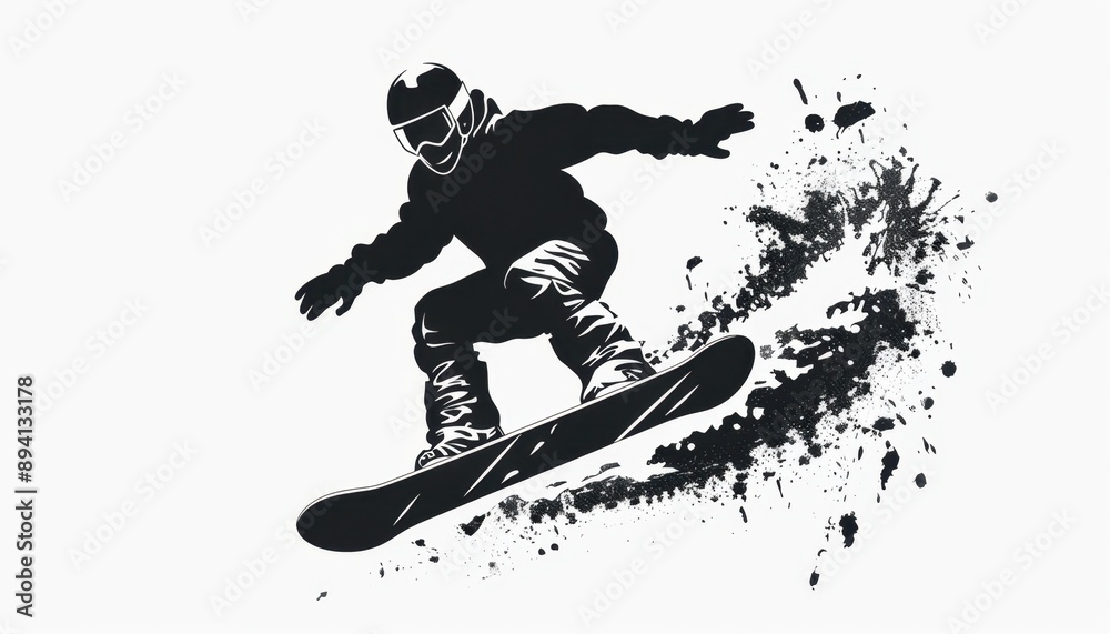 Black and White Silhouette of a Snowboarder in Mid-Air Black and White Silhouette of a Snowboarder in Mid-Air