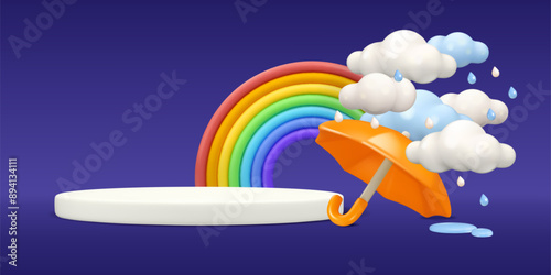 Monsoon sale web banner template. Orange umbrella, rain clouds and drops. Puddle, podium and rainbow backdrop. Vector 3d autumn poster mockup background illustration