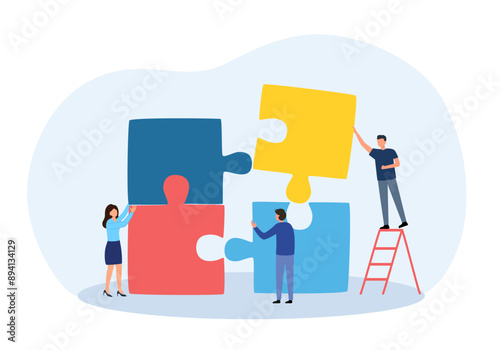 Solving problem concept vector illustration. Teamwork. Businesspeople putting puzzle jigsaw together in flat design on white background.