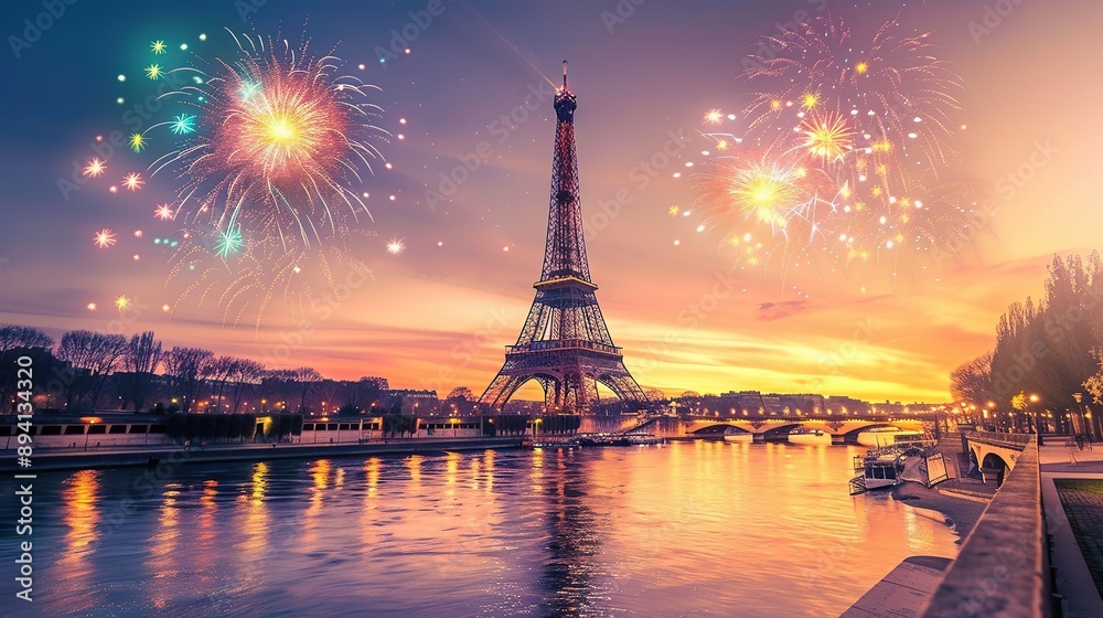 Obraz premium Eiffel tower and fireworks in Paris France, illustration for Olympic games in summer 2024 imagined by AI generative. copy space for text.