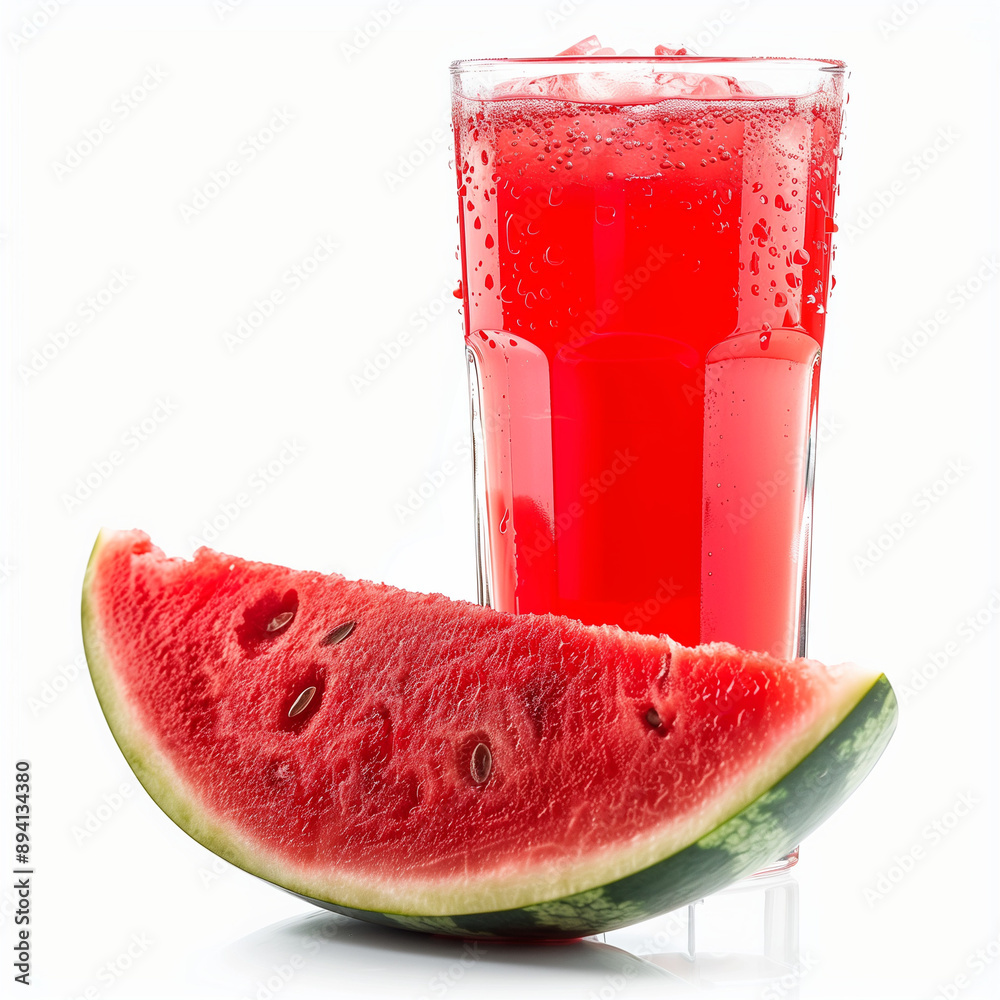 glass watermelon juice and slice, at white background
