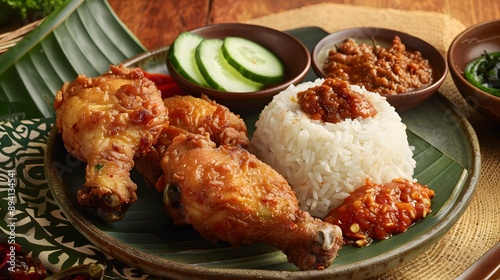 Nasi Ayam Penyet famous traditional Malaysian Indonesian food serve with spicy roasted chicken, slices of cucumber and sambal belacan.